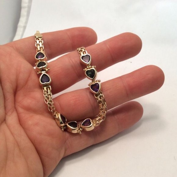 14k Solid Yellow Gold Bismark  Bizmark Heart CZ Purple Green Lady Bracelet 15.8g - Picture 7 of 9